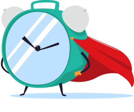 image of an alarm clock with a cape, posing like a superhero