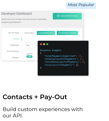 Contacts external addition via API and execute mass payouts to bank account via API